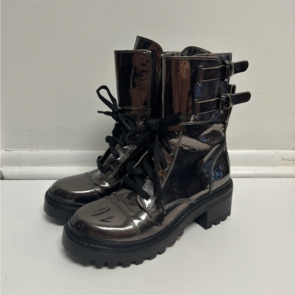 Womens DKNY metallic mid calf lace up combat/moto style boots size 5.5 - Picture 1 of 7